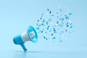 Blue megaphone with shiny confetti on a blue background. 3d illustration